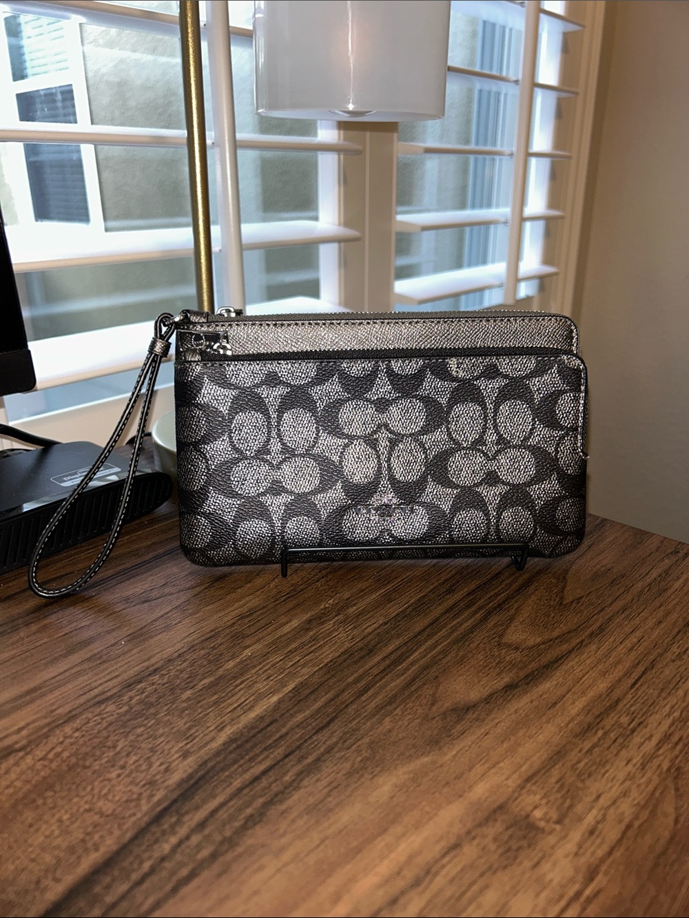 Coach Metallic Silver and Black Signature Double Zip Wristlet- EUC